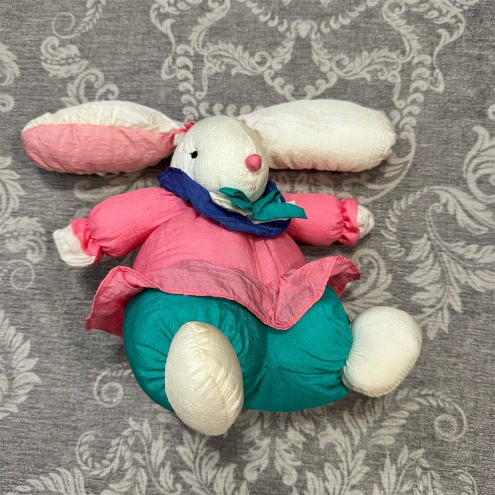 Vintage Department 56 Bunny Rabbit Plush Puffalump Style White Pink Teal
